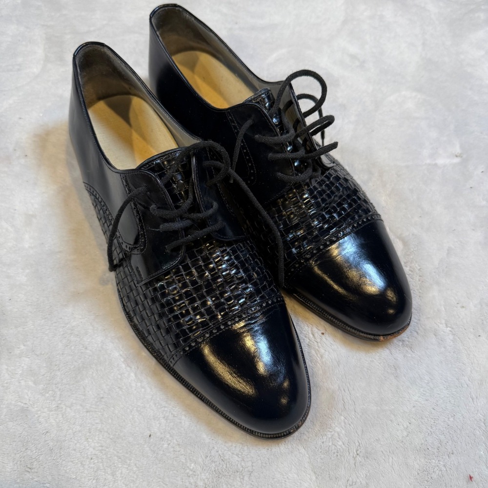 Bally Mens Black Woven Leather Cap Toe Oxford Dress Shoes Made in Italy 10.5 D
